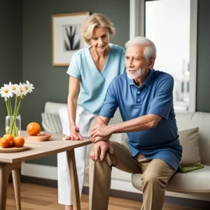 Close-up of an elderly man-woman holding her knee in pain, with medication and a heat pad in the background