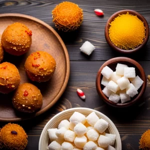 A variety of sugar free sweets like laddus, pedas, and barfis displayed on a festive table with Diwali decorations and a bottle of Stevia as a sugar substitute.