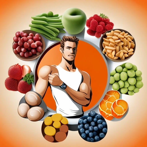 Sex Power Increasing Food Hindi : A fit and muscular man surrounded by an array of power foods like avocados, berries, and eggs, as well as natural supplements like protein powder and omega-3 capsules.