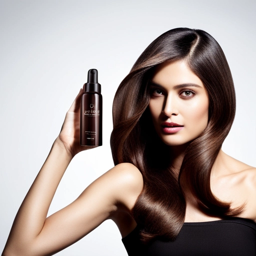 Lakme Hair Serum की चमकदार बोतल को मिनिमलिस्ट बैकग्राउंड के साथ प्रदर्शित किया गया है, जिसमें इसके फायदे को दर्शाने वाले विजुअल क्यूज़ शामिल हैं।